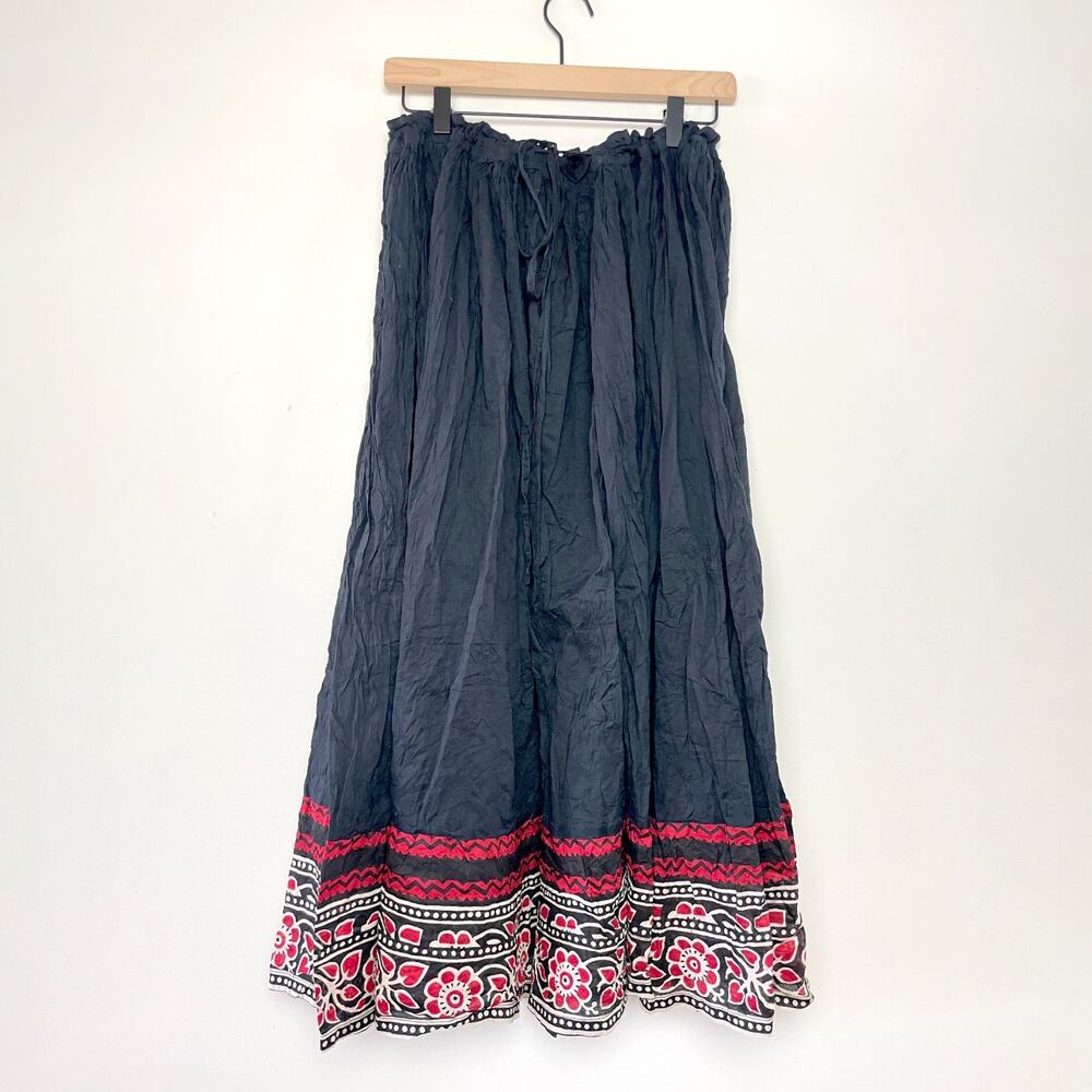 Vintage 90s Y2k Boho Cottagecore Floral Peasant Folk Cotton Black Maxi Skirt 1X